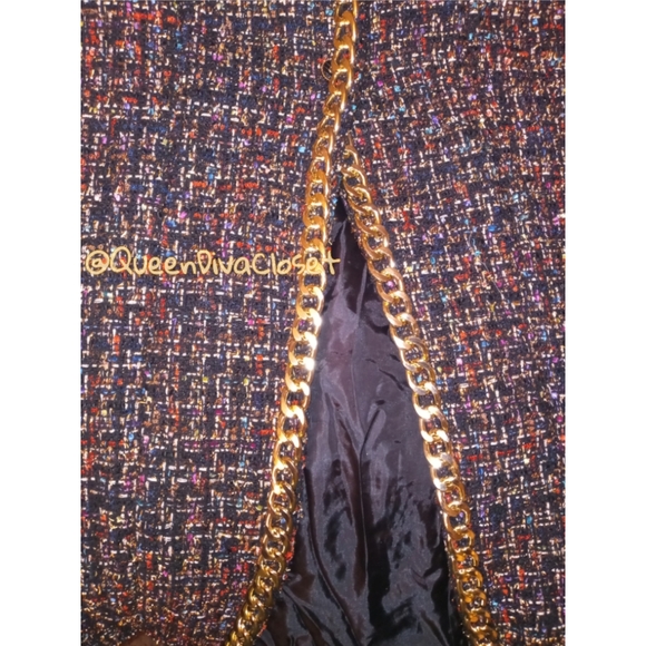 Tweed gold chain off shoulder blazer maxi dress L - Picture 7 of 8